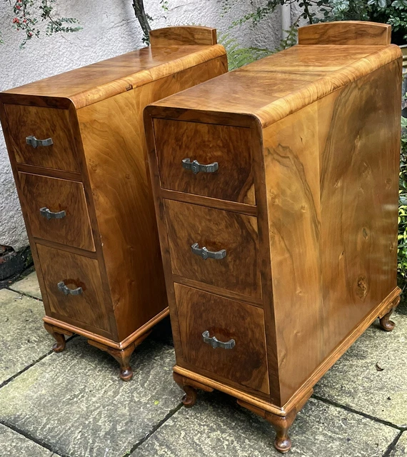 Superb Pair Of Art Deco Walnut  Bedside Chests Amazing Veneers.