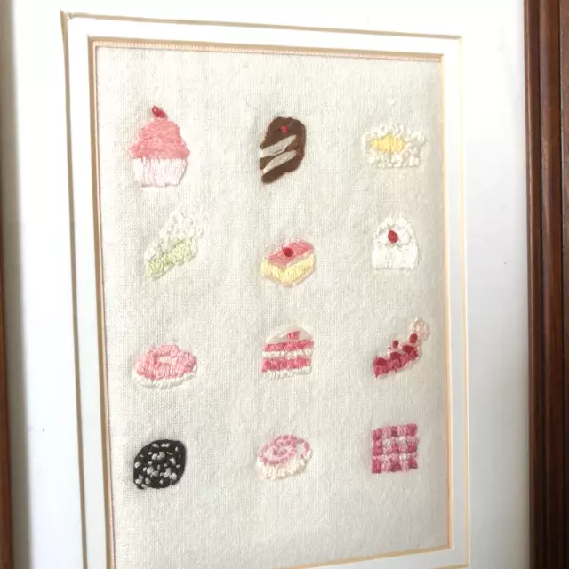 Vintage Embroidered Framed Art Cupcakes Sweets Pink & White Baby's Room Decor