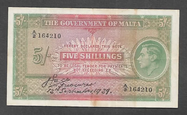 MALTA - King George VI Five Shillings Signed J. Pace Treasurer Banknote used