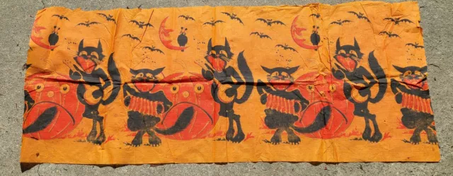 Vintage Halloween Crepe Paper Banner Jack o Lantern Singing Cats Bats Crows 53"L