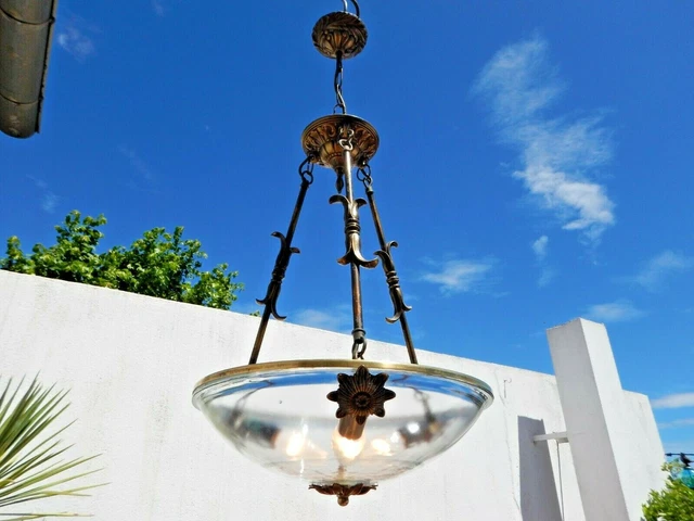 Vintage French glass bowl chandelier brass bronze