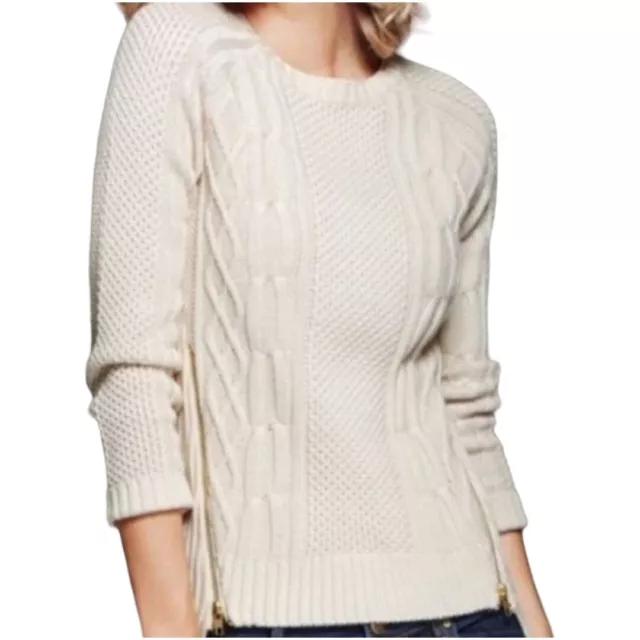 CAbi Oatmeal Beige Cable Knit Sweater Double Side Zip Sz Small Style 899