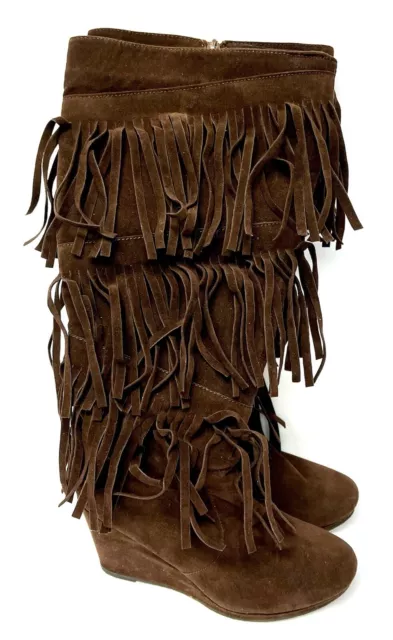 Madden Girl Fringe Tall Boots Womens 9.5 M Wedge 4" Heels Knee High Brown Suede