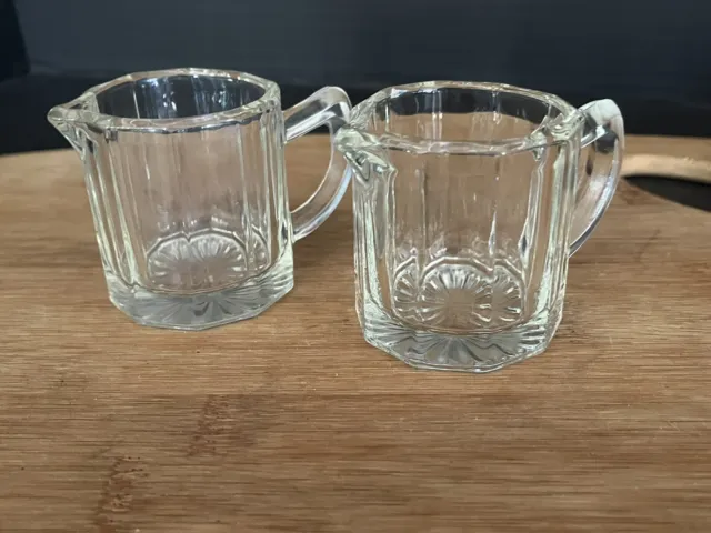 2 Vintage Pressed Clear Glass Creamer Individual Maple Syrup Pitcher Panel Look