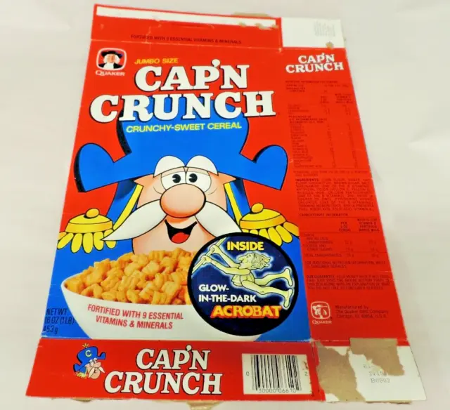 Quaker Oats Cap'n Crunch Glow Dark Acrobat Cereal Box  16 Oz Used 1980's