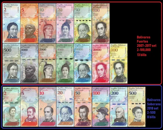 Venezuela Lot Complet 2 - 100000 Bolivars & 2 - 500 Soberanos (21 Billets) UNC