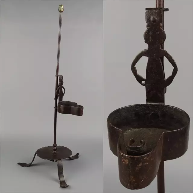 Superb Antique Wrought Iron Adjustable Betty Lamp, 18th Century. Figural Lamp.