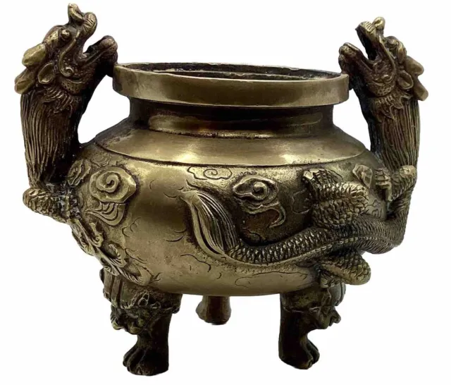 Vintage 7” Brass Chinese Dragon Statue Incense Burner / Censer