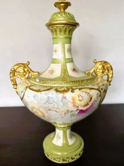 Antique 14" Royal Bonn Franz Anton Mehlem Gilded Hand Painted Porcelain Urn Vase