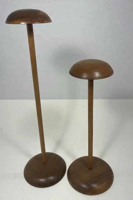 Pair of Vintage/Antique Natural Wood Hat Wig Stands 16" & 13”H x 5”D