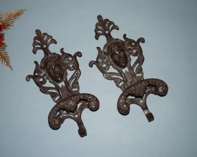 Set of 2 Brass Angel Hook Braided Girl Face Wall Hanger With Floral Design HK468