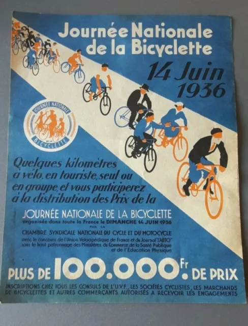 Ancienne Affiche Publicitaire Journée Nationale de la Bicyclette 14 Juin 1936