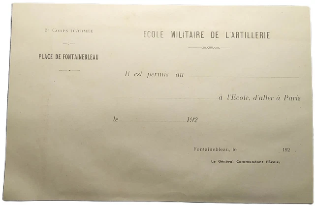 AUTORISATION DE SORTIE Pour Paris (Vierge) - Ecole Militaire Artillerie