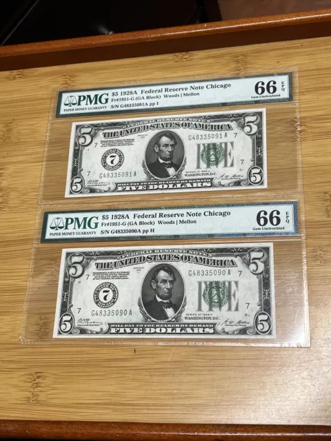 2 $5 1928 FEDERAL RESERVE NOTE CHICAGO / ABOUT UNCIRCULATED PMG 66 Sequential