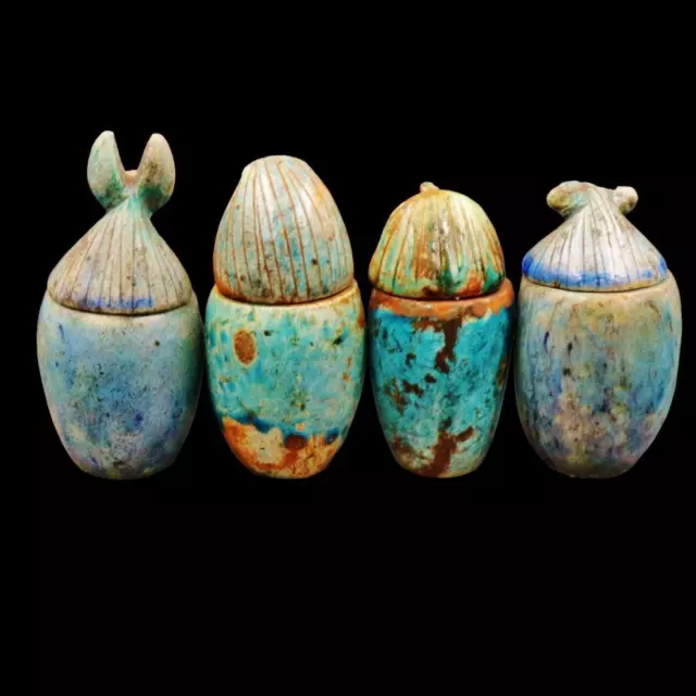 Fine Antique Egyptian Faience Set 4 Canopic Jars (Organs Storage Statues)__LARGE 3