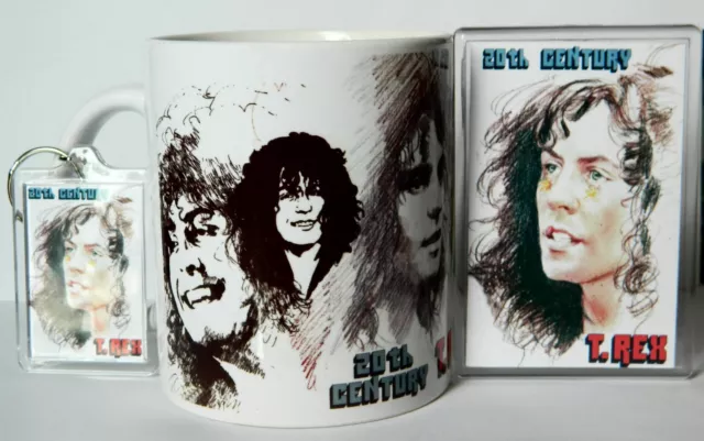 MARC BOLAN - '20th CENTURY T.REX' -MUG, LARGE  KEYRING & JUMBO FRIDGE MAGNET SET