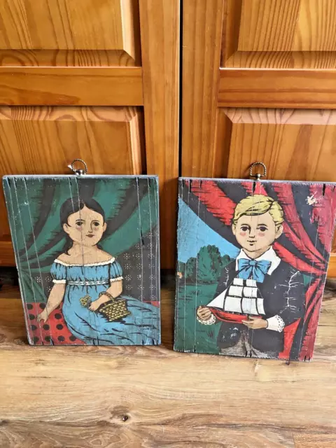 Vintage folk art paintings on St Regis wood board Boy and Girl