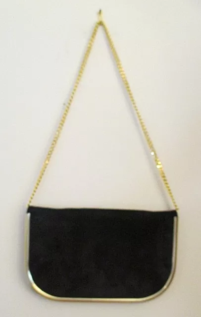 Susan Gail Black Suede Shoulder / Clutch Handbag, Gold Chain, Gold Trim