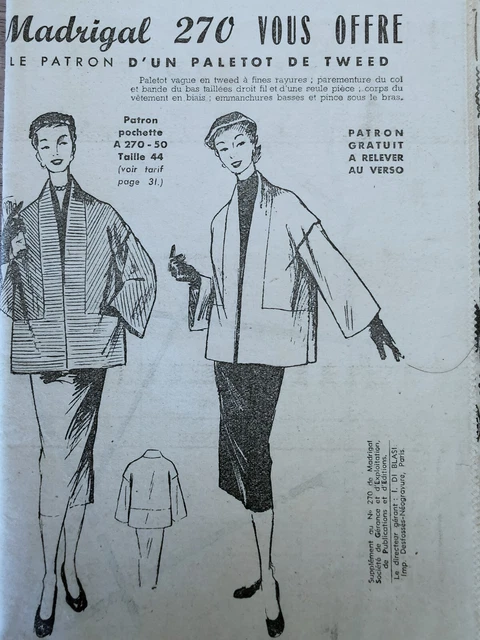 Patron De Couture Vintage MADRIGAL N°332 - Manteau Long & 3/4 - Année 1950 - Taille 44 - Ancien, Défauts D'âge
