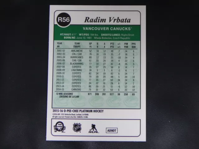 2015-16 OPC Platinum RETRO #R56 Radim Vrbata Vancouver Canucks 2