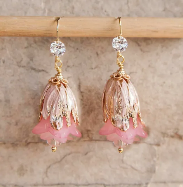 Pink Tulip Flower Earrings, Hand Painted, Flower, Swarovski Crystal, 24K Gold 