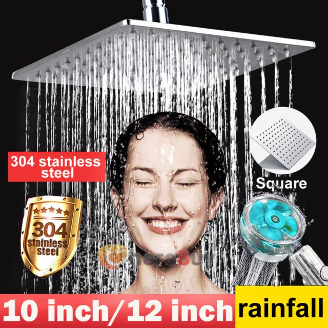 Square Rainfall Stainless Steel Shower Head Bathroom Top Ceiling Sprayer 12"/10"