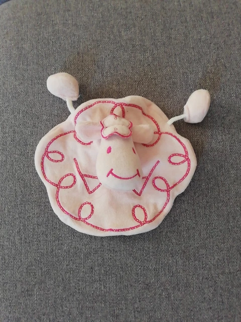 O/ DOUDOU PLAT ROND SIPLEC VACHE BLANC ROSE pattes ficelles  - Mouton