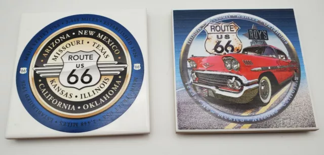 Set of 2 Route 66 Ceramic Collectible Table Coasters Trivets Tiles Red Chevy EUC