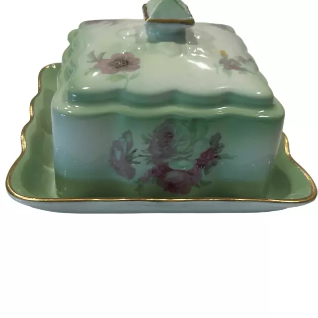 Old Foley James Kent Ltd  Green Floral Covered Dish Staffordshire England Cheese