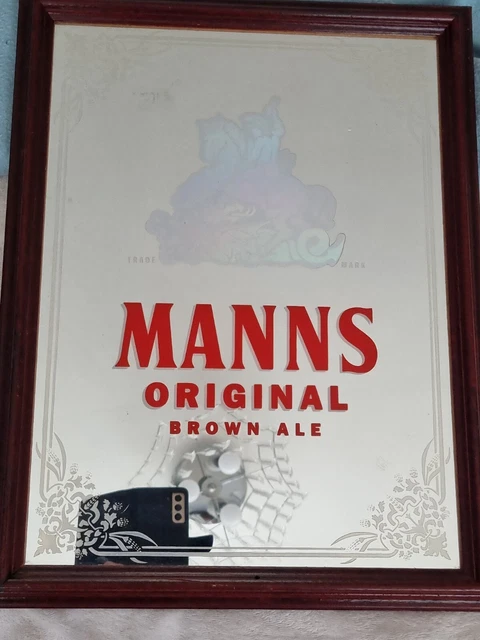 Rare Vintage Framed Manns Brown Ale Pub Mirror, Holographic Trade Mark. Man Cave