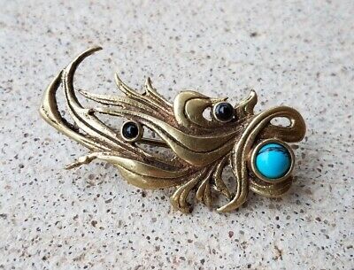 Vintage Handmade Artisan Brooch Pin Gold Brass Tone with Stones 1.5"