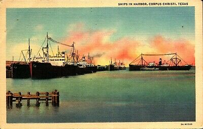Postcard Corpus Christi Ships in Harbor Texas TX Vintage Linen