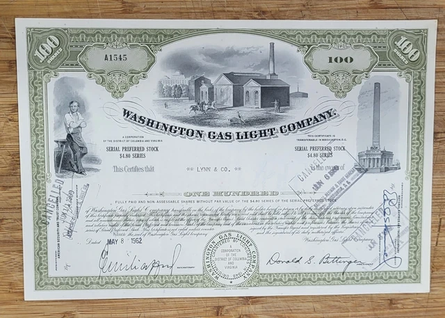 Stock Certificate Washington Gas Light Company 100 Shares