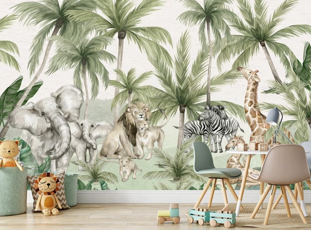 JUNGLE PHOTO WALL Mural Safari Animals Photo Wallpaper Kids Nursery ...