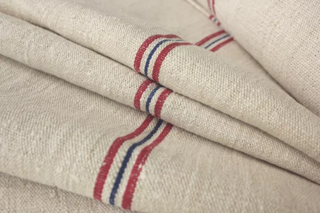 Grain sack grainsack fabric vintage linen upholstery HEMP RED + BLUE blue 9.25