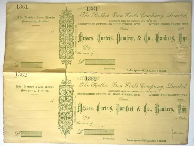 19th Century Rother Iron Works Co Ltd Curteis Pomfret & Co Blank Cheques (W1)