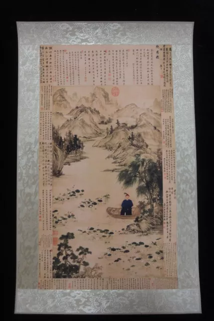 Large Old Chinese Paper Painting Landscape and Man and Calligraphy Marks