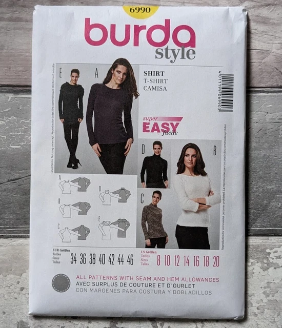BURDA Patrón de Costura 6990, CAMISETA, TOPS Tallas 8 - 20, Manga Raglan, SUPER FÁCIL
