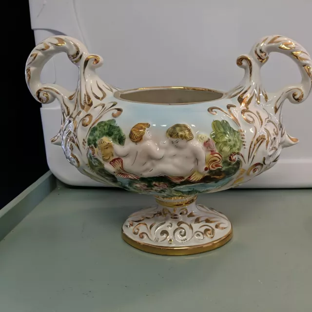 Vintage Capodimonte Pottery Cherub Large Oval Pedestal Hand-painted Bowl