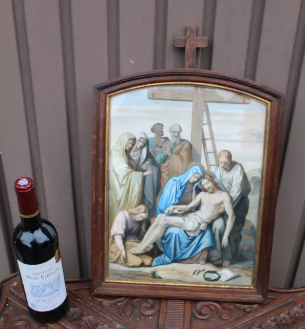 Antique French wood carved panel crucifx PARIS itho Biblical religious jesus