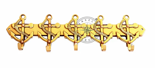 5 Hook's Nautical Polished Brass Ship Anchor Keys Holder Wall Mounted Home Decor