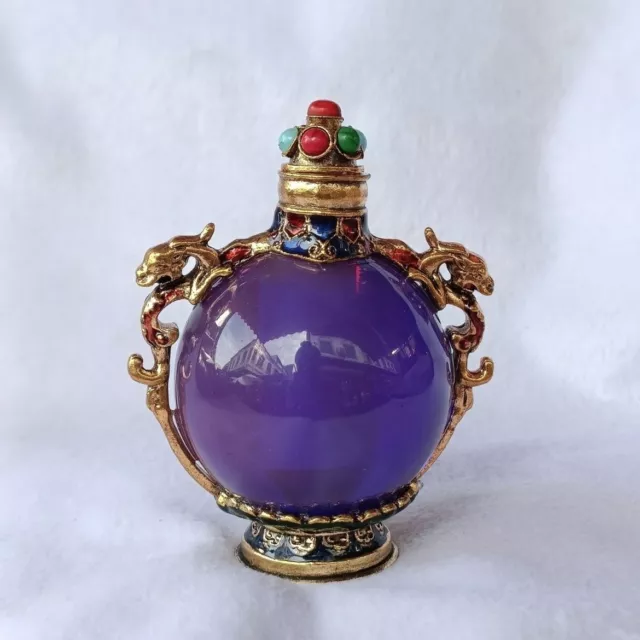 Old Chinese glaze Snuff Bottle purple Hand Carved Bronze dragon