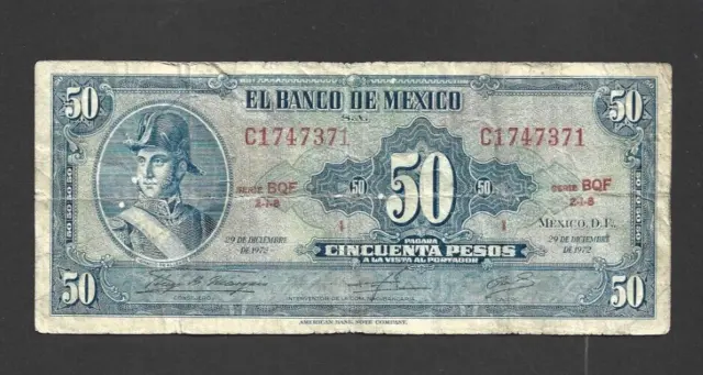 50 Pesos  Vg  Banknote From Mexico 1972  Pick-49