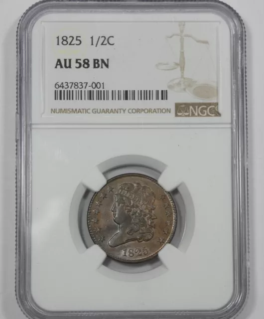 1825 Classic Head Half Cent CERTIFIED NGC AU 58 BROWN 1/2c