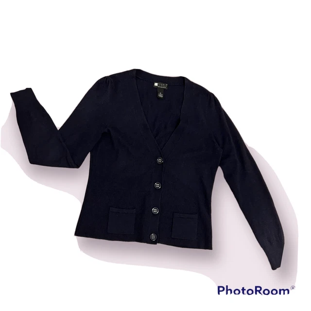 Vintage Carol Little 100% Merino Wool Navy Blue Cardigan. Size Medium