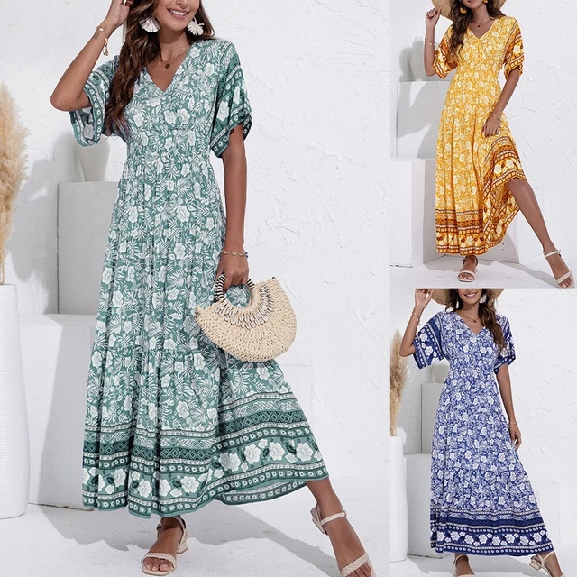 Abito lungo donna boho collo a V stampa tropicale vita alta festa maxi tramonto