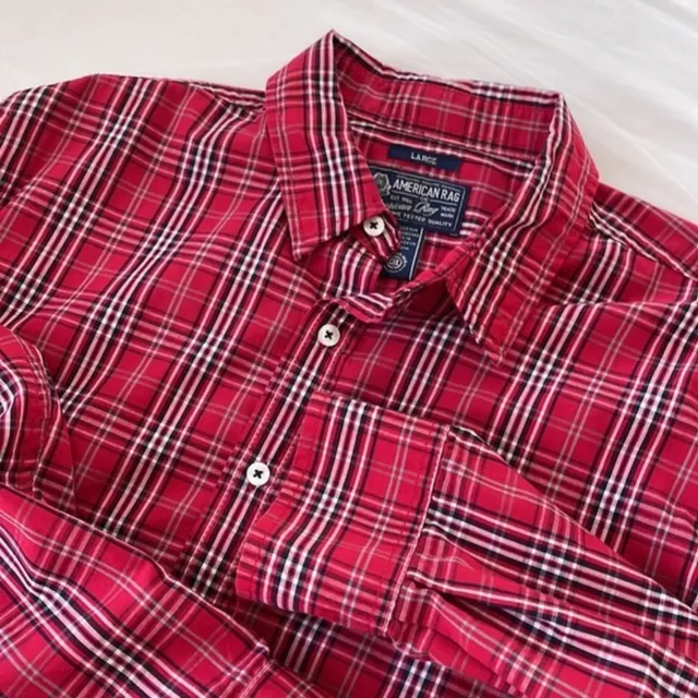 American Rag mens red white plaid long sleeve button down shirt - size L