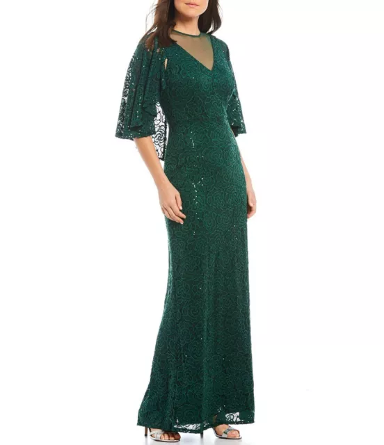 Marina Sz 10 Lace Illusion Long Dress V-Neckline Sequin Capelet Gown $229!