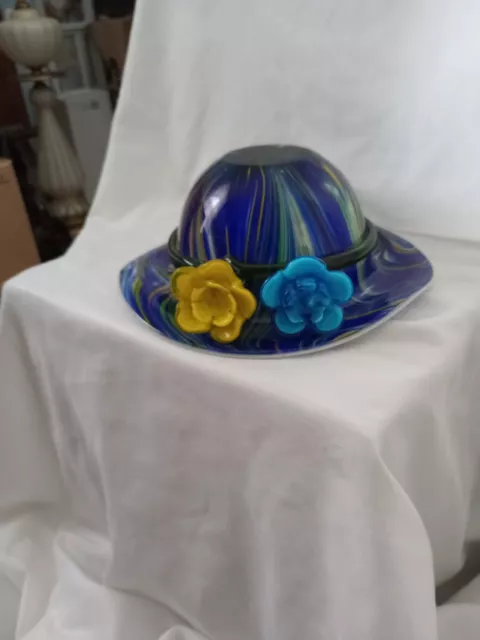 Art Glass Hat  / Bowl With Flowers and Band Blue w/yellow & Green