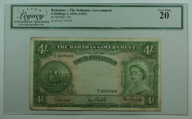 1953 Bahamas Government 4 Shillings L.1936 Currency Note Legacy VF-20